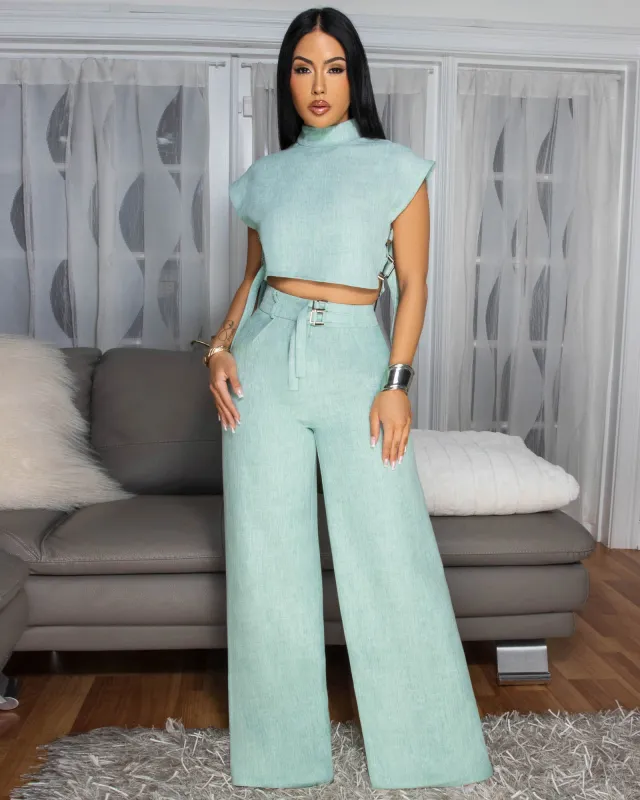Bellucci Teal Linen Two Piece Pants Set sold by Chic Couture