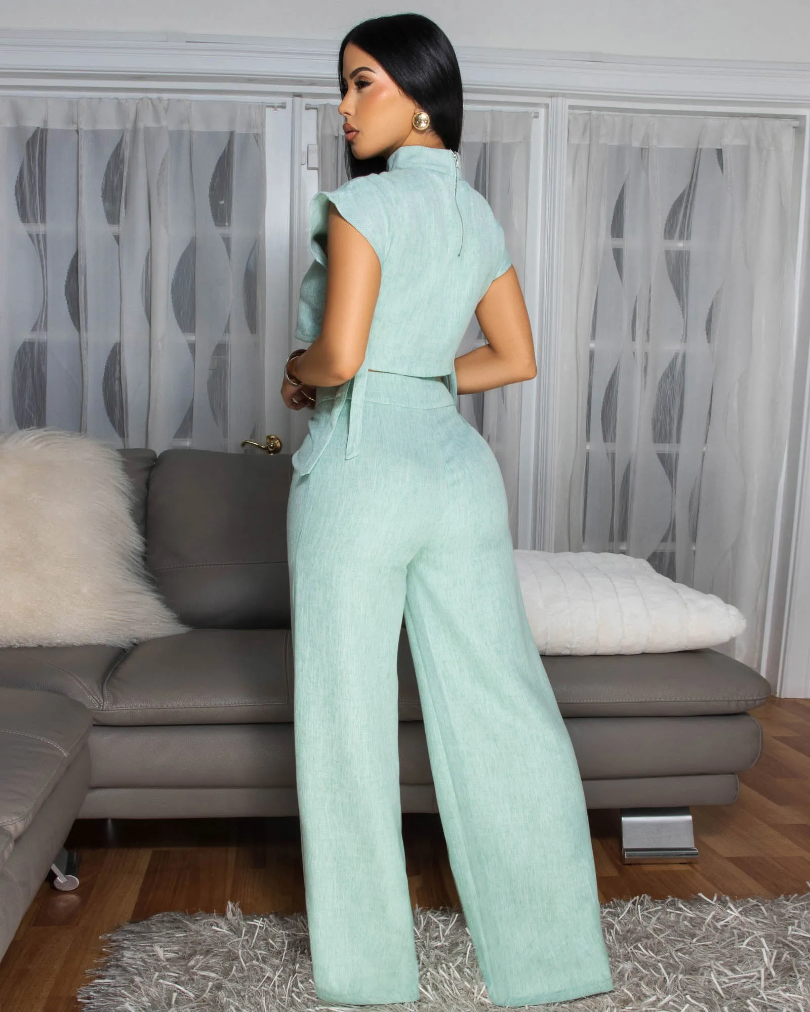 Bellucci Teal Linen Two Piece Pants Set sold by Chic Couture product image thumbnail 4