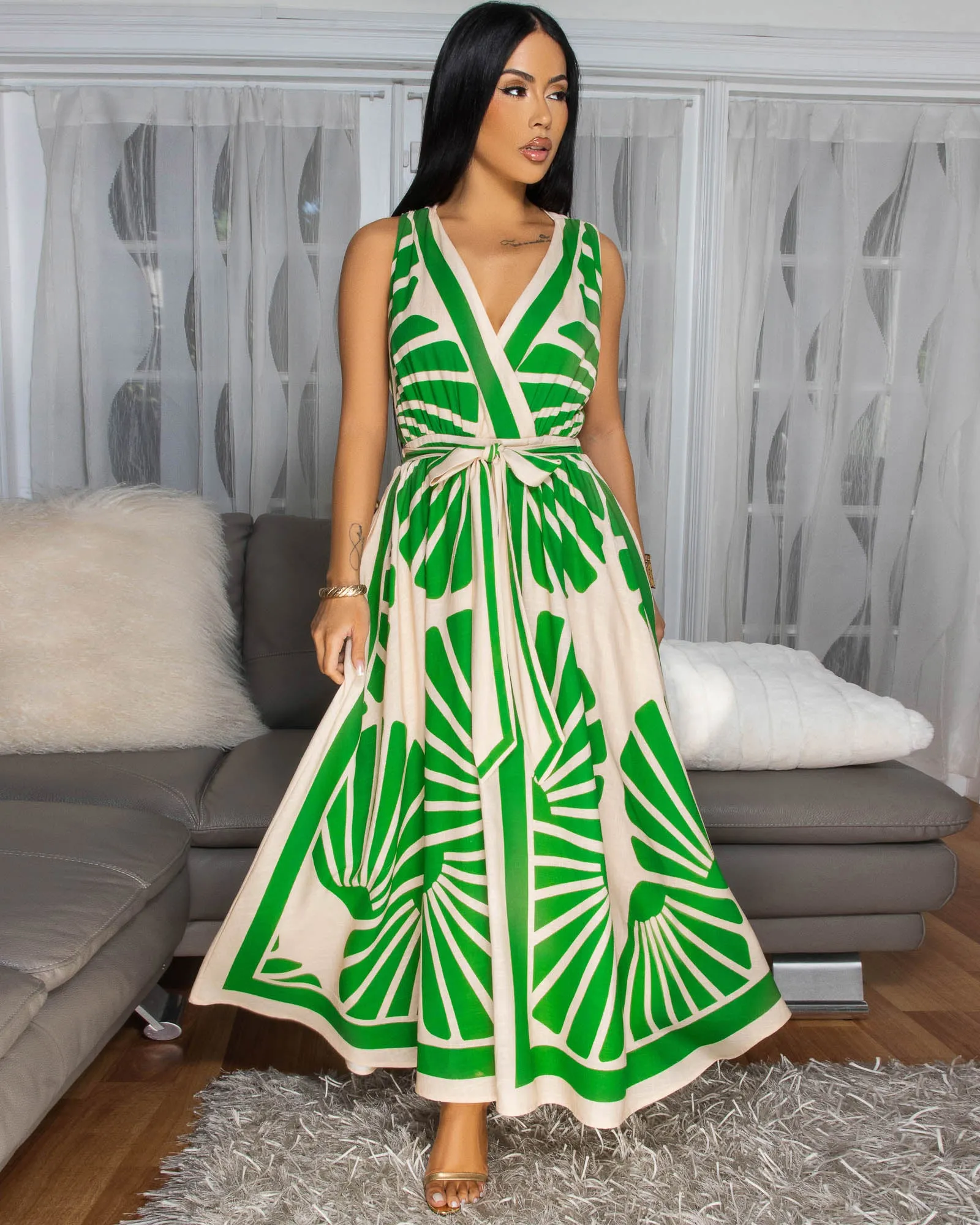 Abielle Kelly-Green Nude Print CrissCross Back Midi Dress sold by Chic Couture