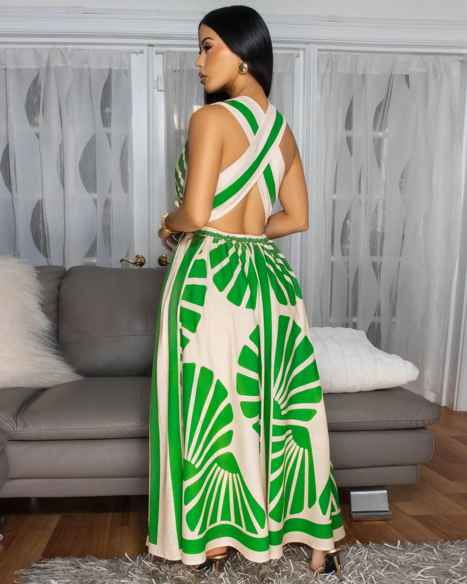 Abielle Kelly-Green Nude Print CrissCross Back Midi Dress sold by Chic Couture product image thumbnail 4