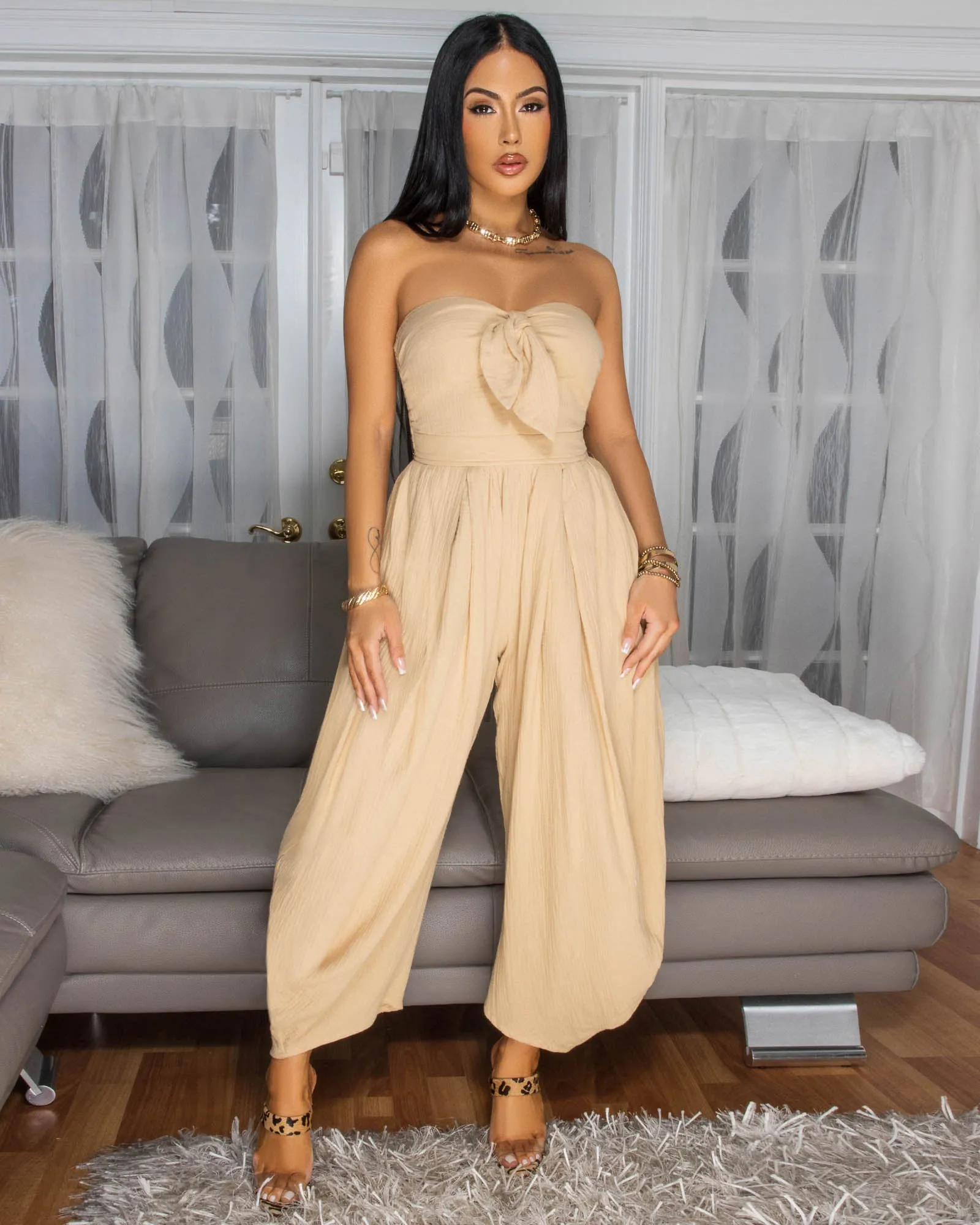 Klara Nude Gause Strapless Jumpsuit sold by Chic Couture