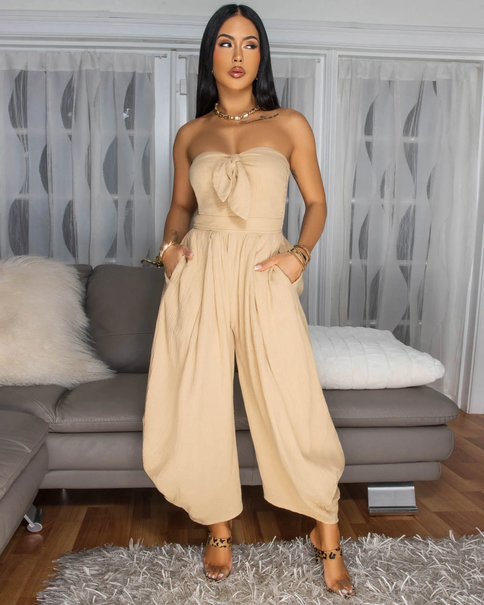 Klara Nude Gause Strapless Jumpsuit sold by Chic Couture product image thumbnail 3