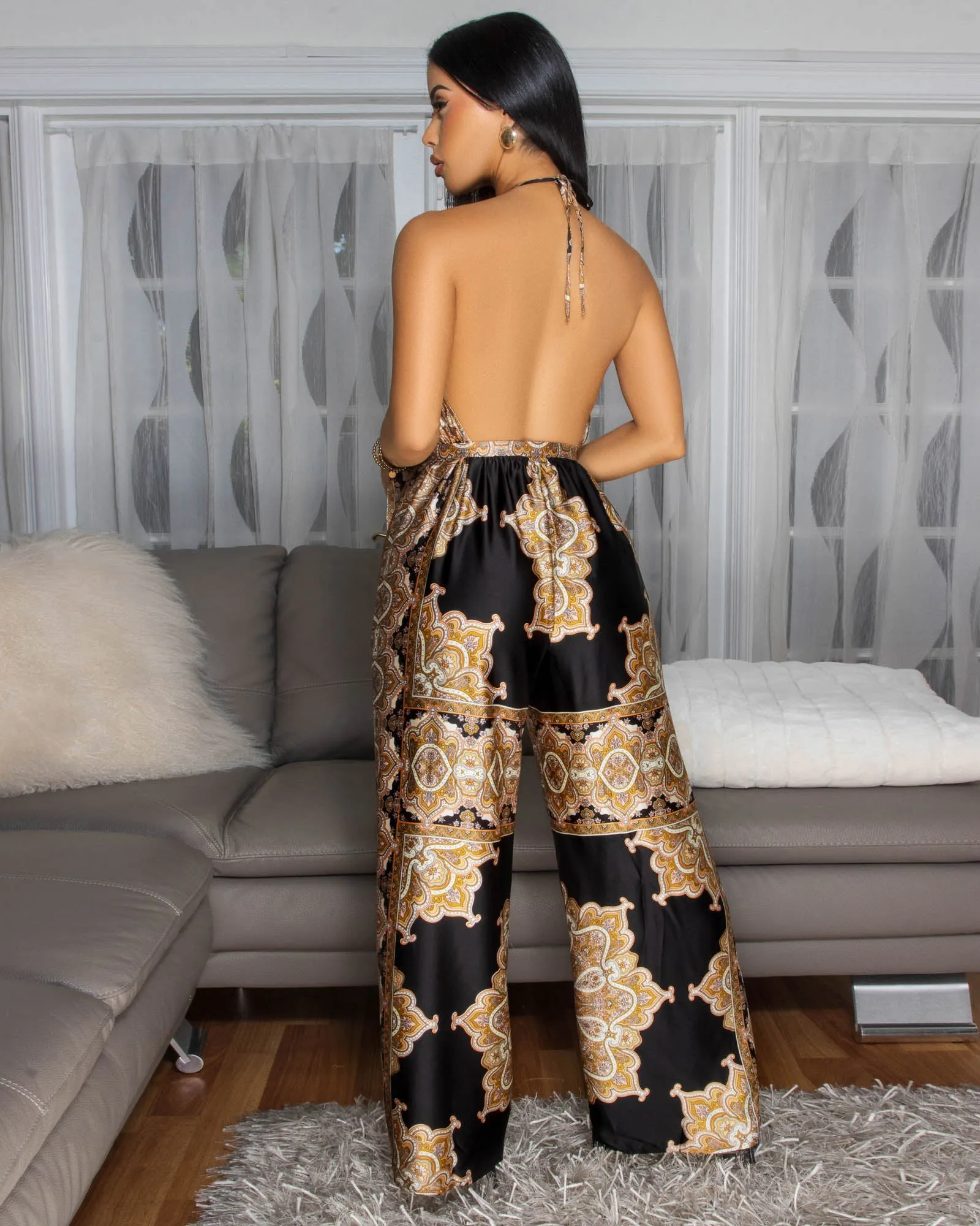 Olivette Brown Black Paisely Print Jumpsuit sold by Chic Couture product image thumbnail 4