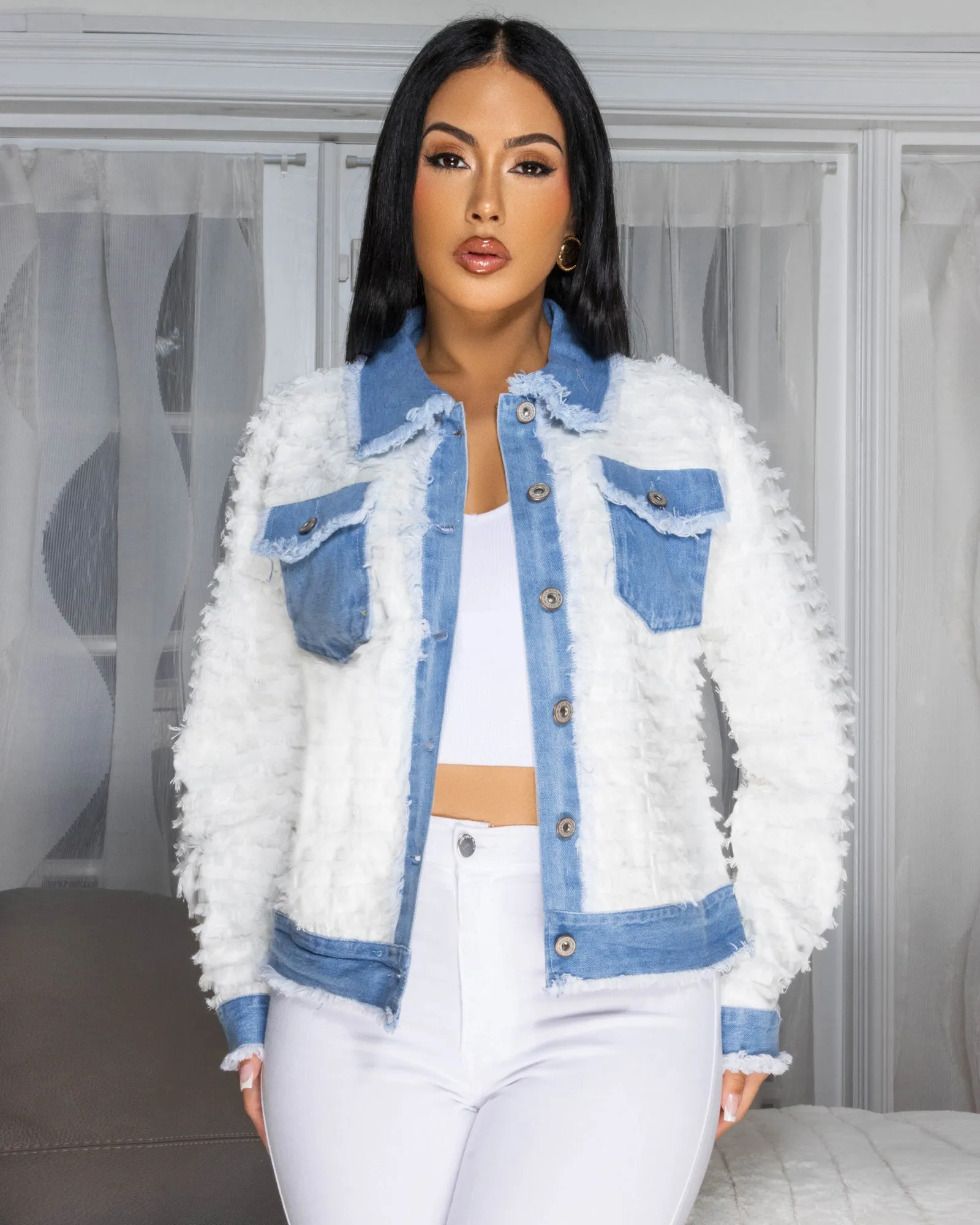 Violenna White Denim Blue Trim Fringe Jacket sold by Chic Couture product image thumbnail 3