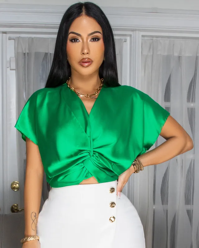 Rexa Green Knot Front Silky Top sold by Chic Couture