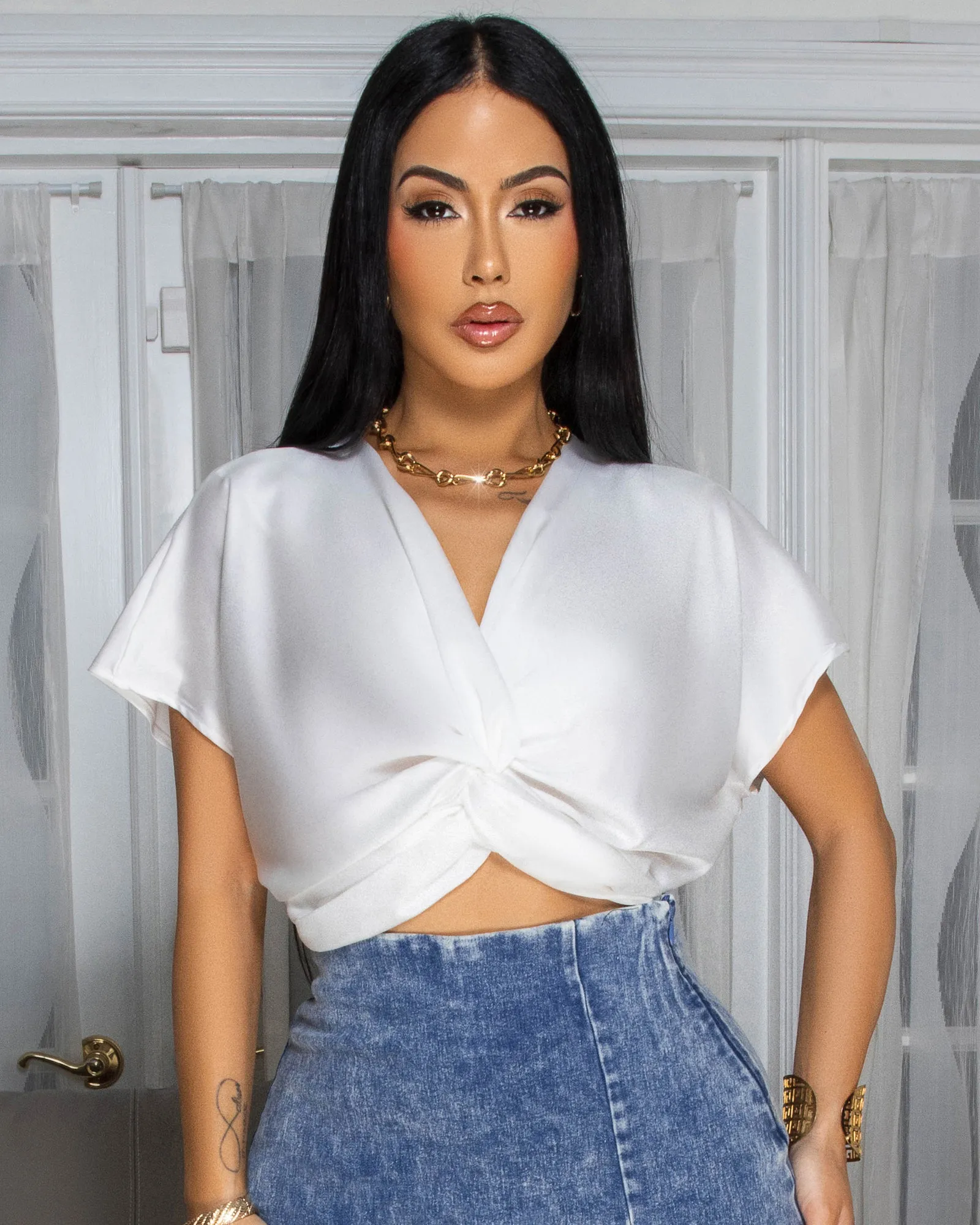 Rexa Off-White Knot Front Silky Top sold by Chic Couture
