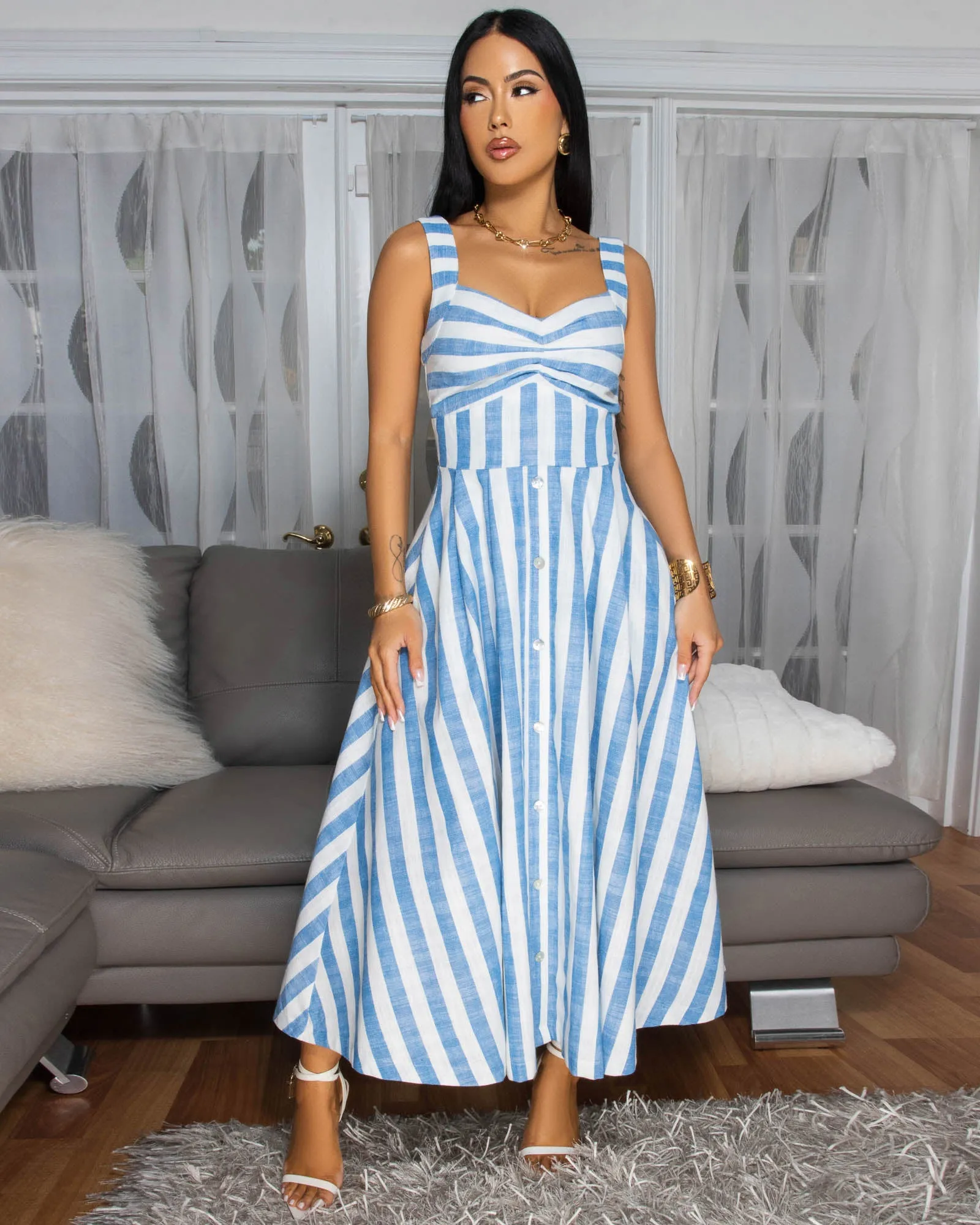 Joia Blue White Stripes Linen Maxi Dress sold by Chic Couture product image thumbnail 2