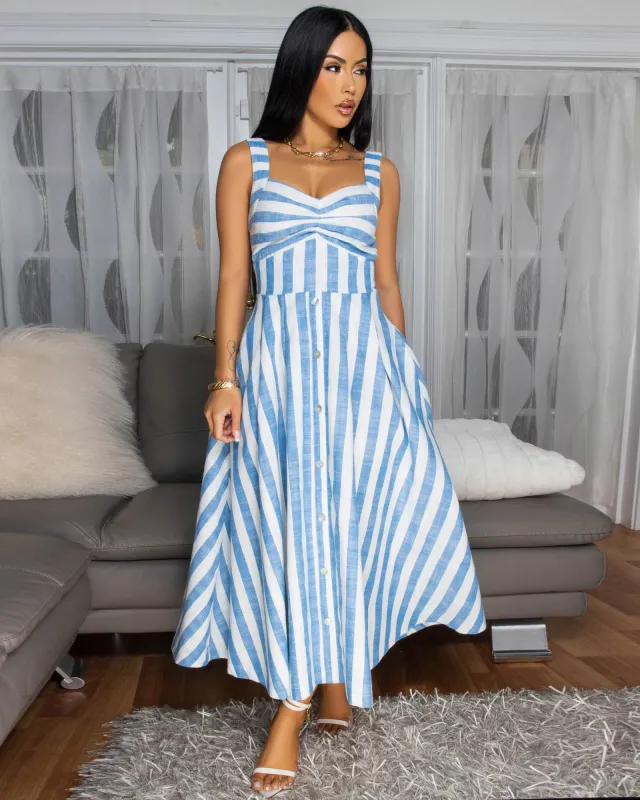 Joia Blue White Stripes Linen Maxi Dress sold by Chic Couture
