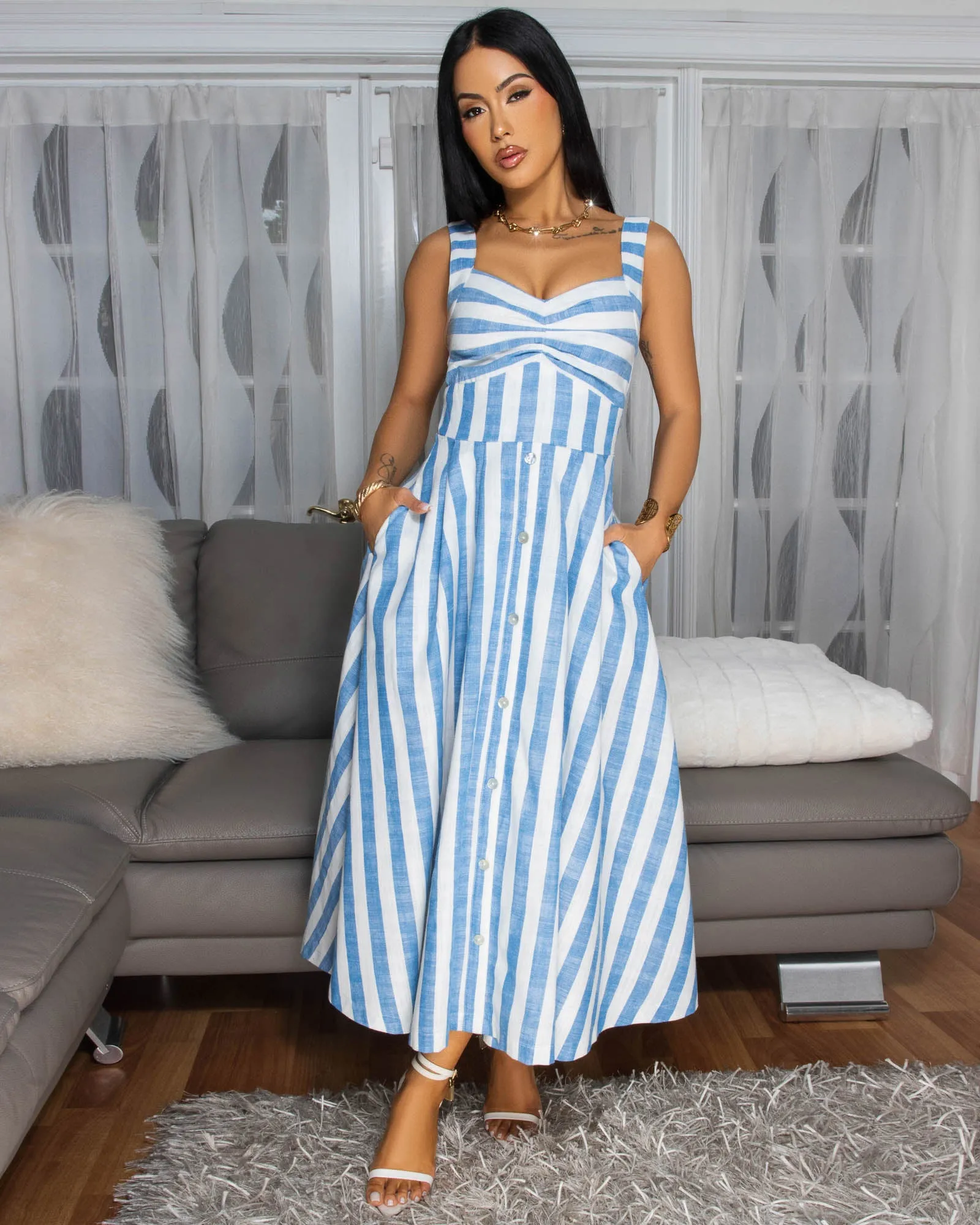 Joia Blue White Stripes Linen Maxi Dress sold by Chic Couture product image thumbnail 3
