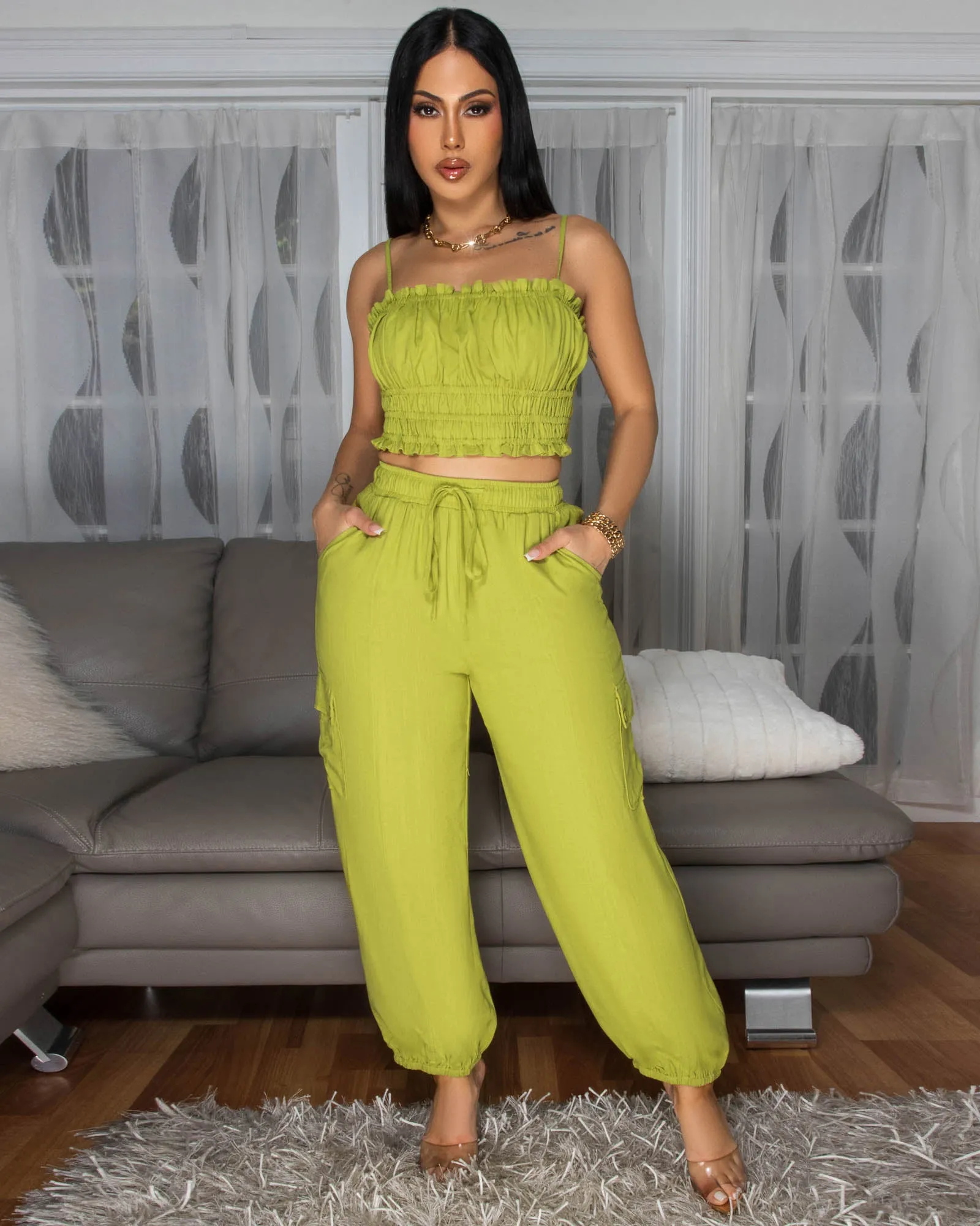 Moya Lime Crop Top & Jogger Linen Pants Set sold by Chic Couture product image thumbnail 3