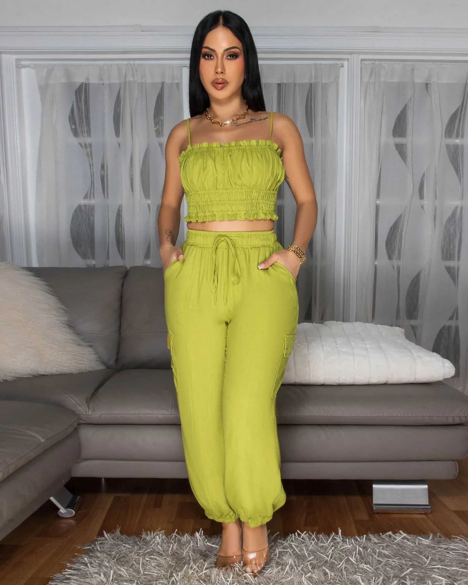Moya Lime Crop Top & Jogger Linen Pants Set sold by Chic Couture product image thumbnail 2