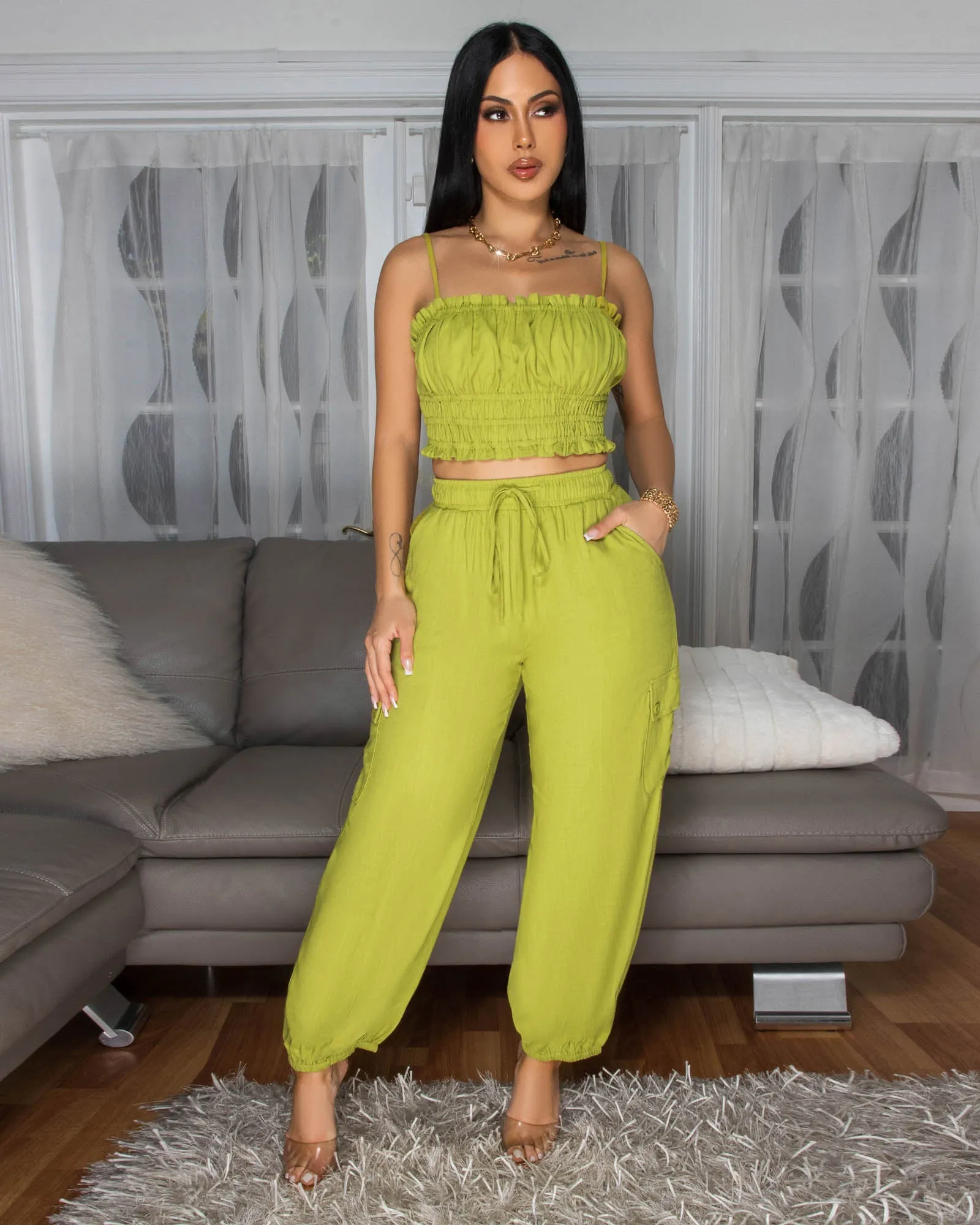 Moya Lime Crop Top & Jogger Linen Pants Set sold by Chic Couture