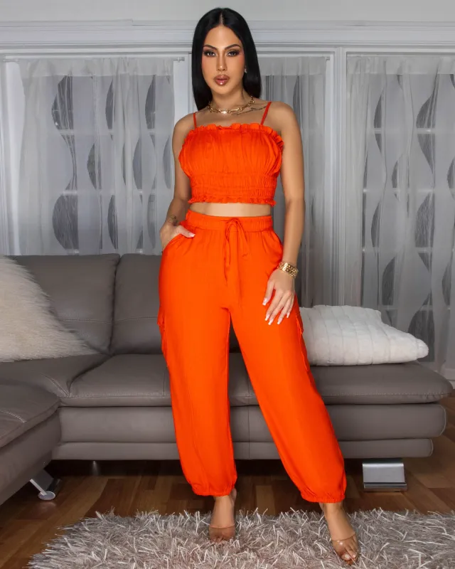 Moya Orange Crop Top & Jogger Linen Pants Set sold by Chic Couture