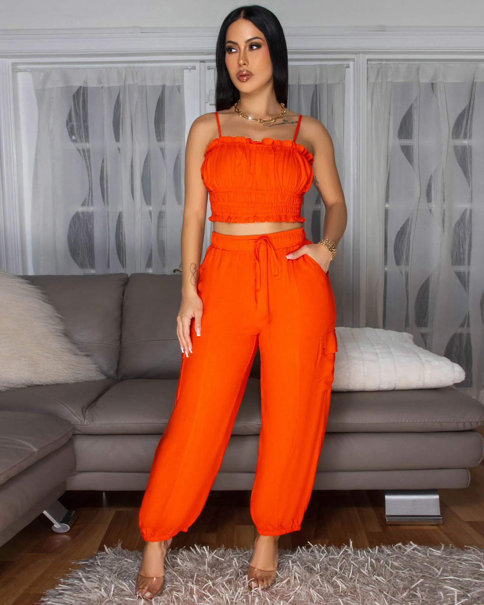 Moya Orange Crop Top & Jogger Linen Pants Set sold by Chic Couture product image thumbnail 2