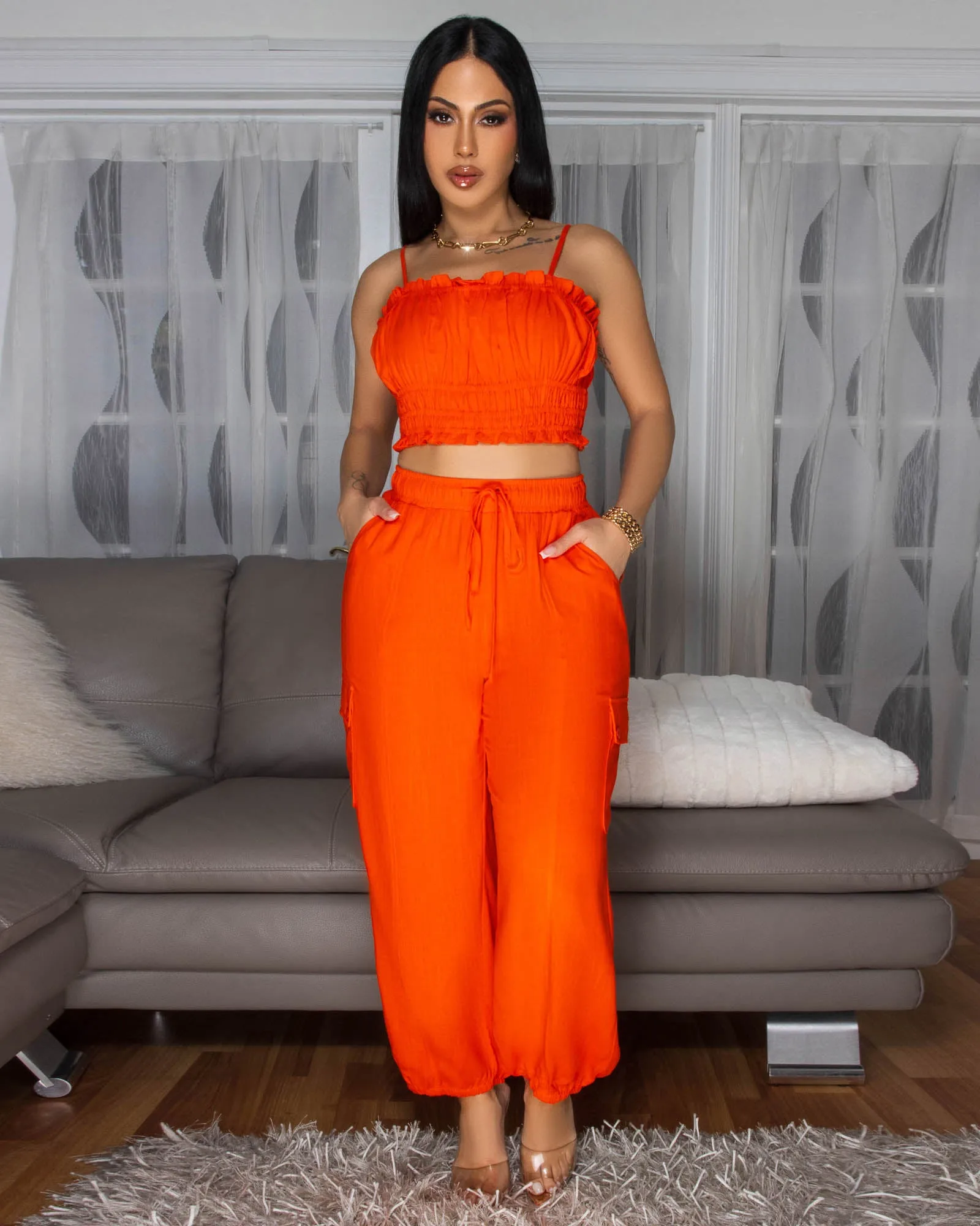 Moya Orange Crop Top & Jogger Linen Pants Set sold by Chic Couture product image thumbnail 3