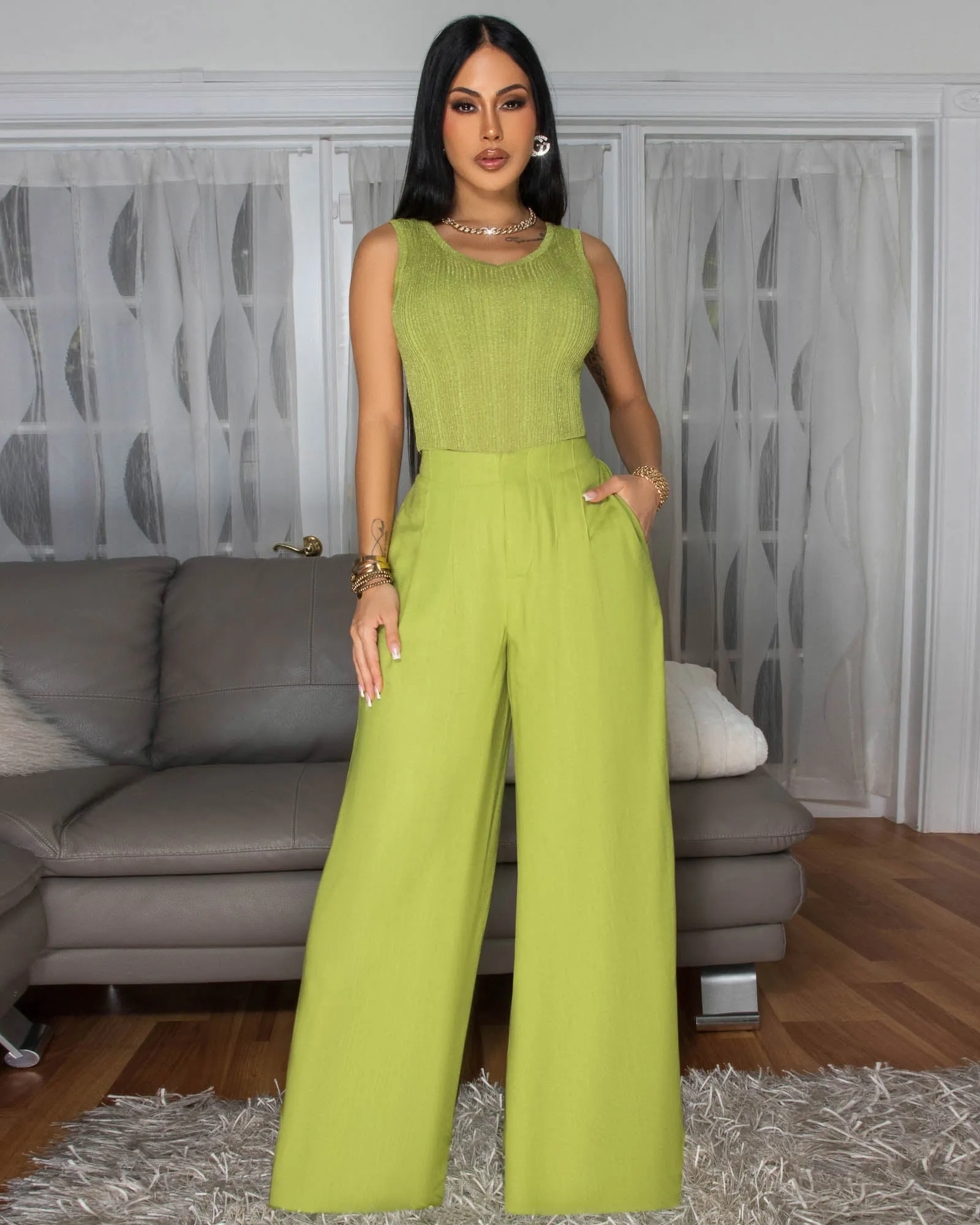 Miraya Lime Shimmer Top & Linen Pants Set sold by Chic Couture