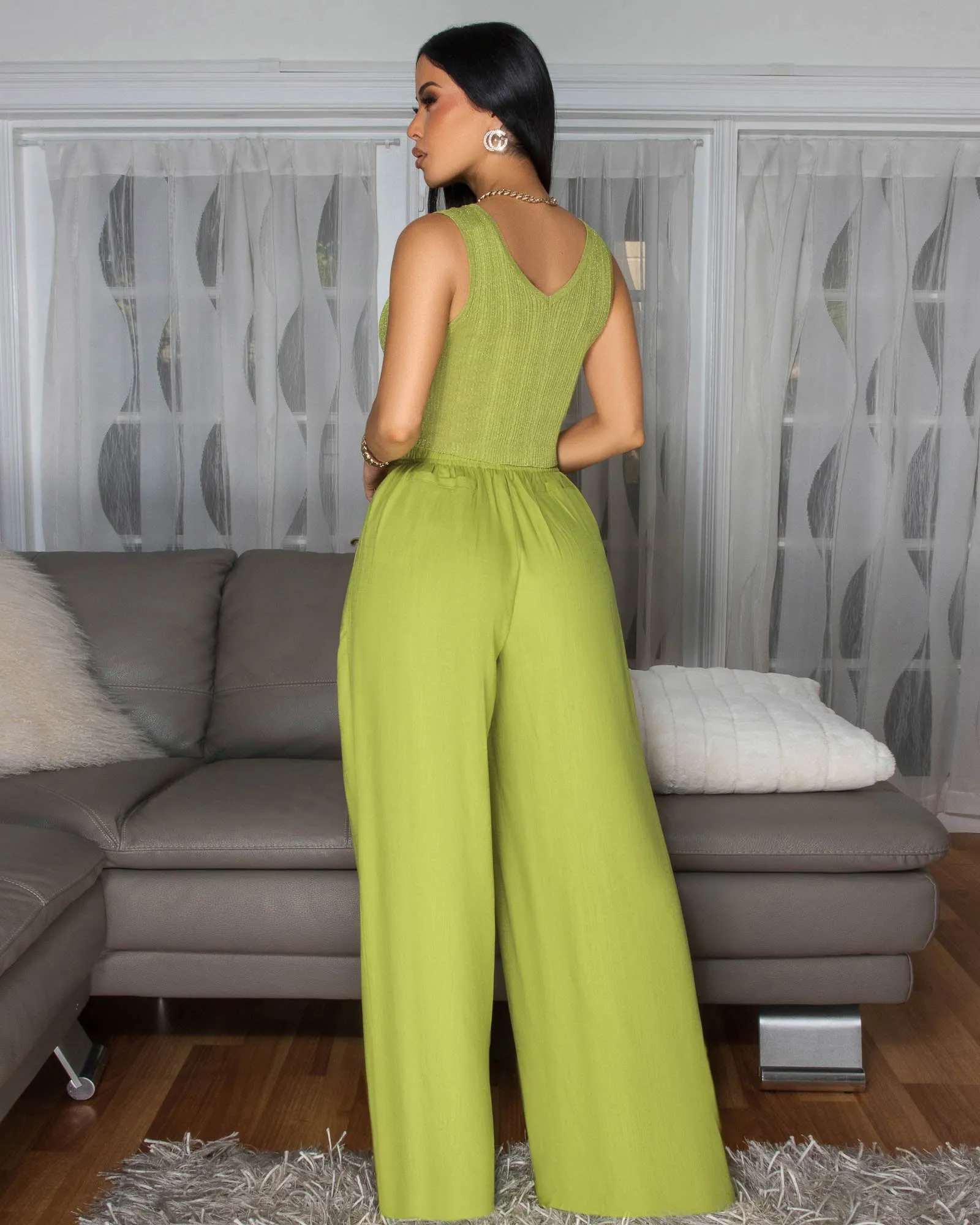 Miraya Lime Shimmer Top & Linen Pants Set sold by Chic Couture product image thumbnail 2