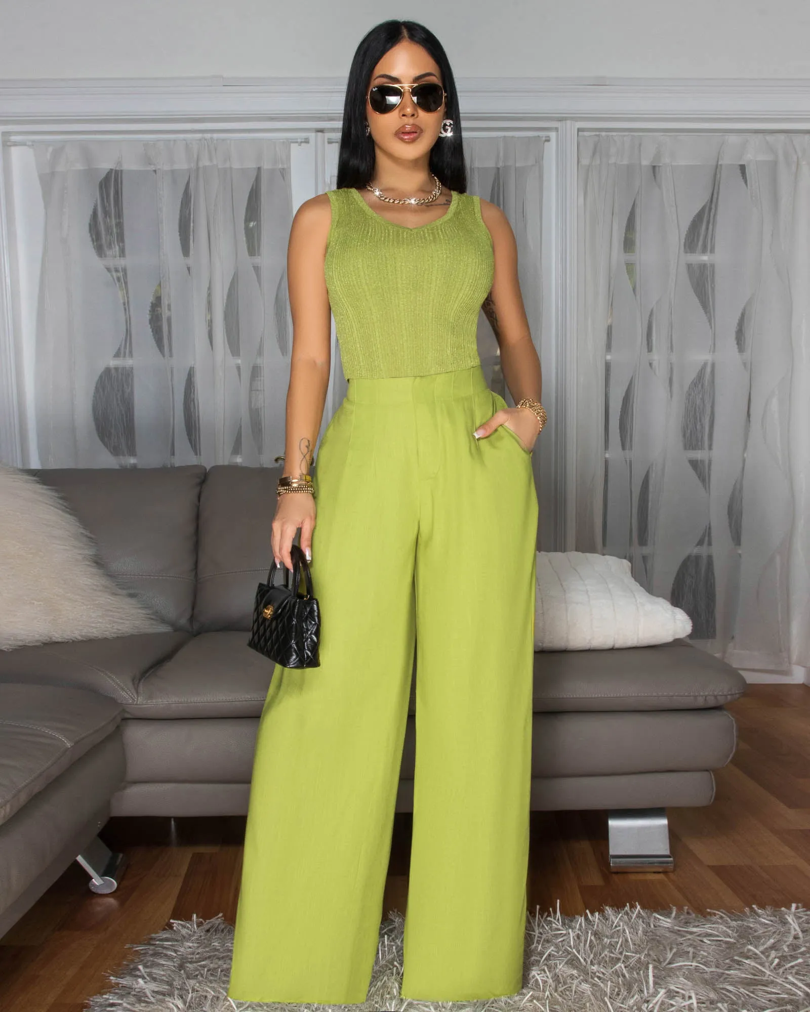 Miraya Lime Shimmer Top & Linen Pants Set sold by Chic Couture product image thumbnail 4