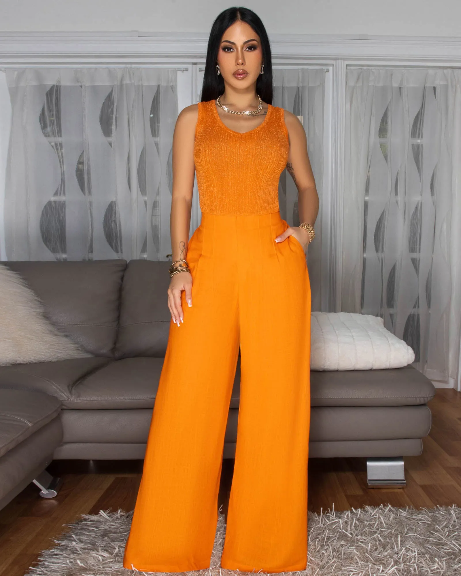 Miraya Tangerine Shimmer Top & Linen Pants Set sold by Chic Couture product image thumbnail 2