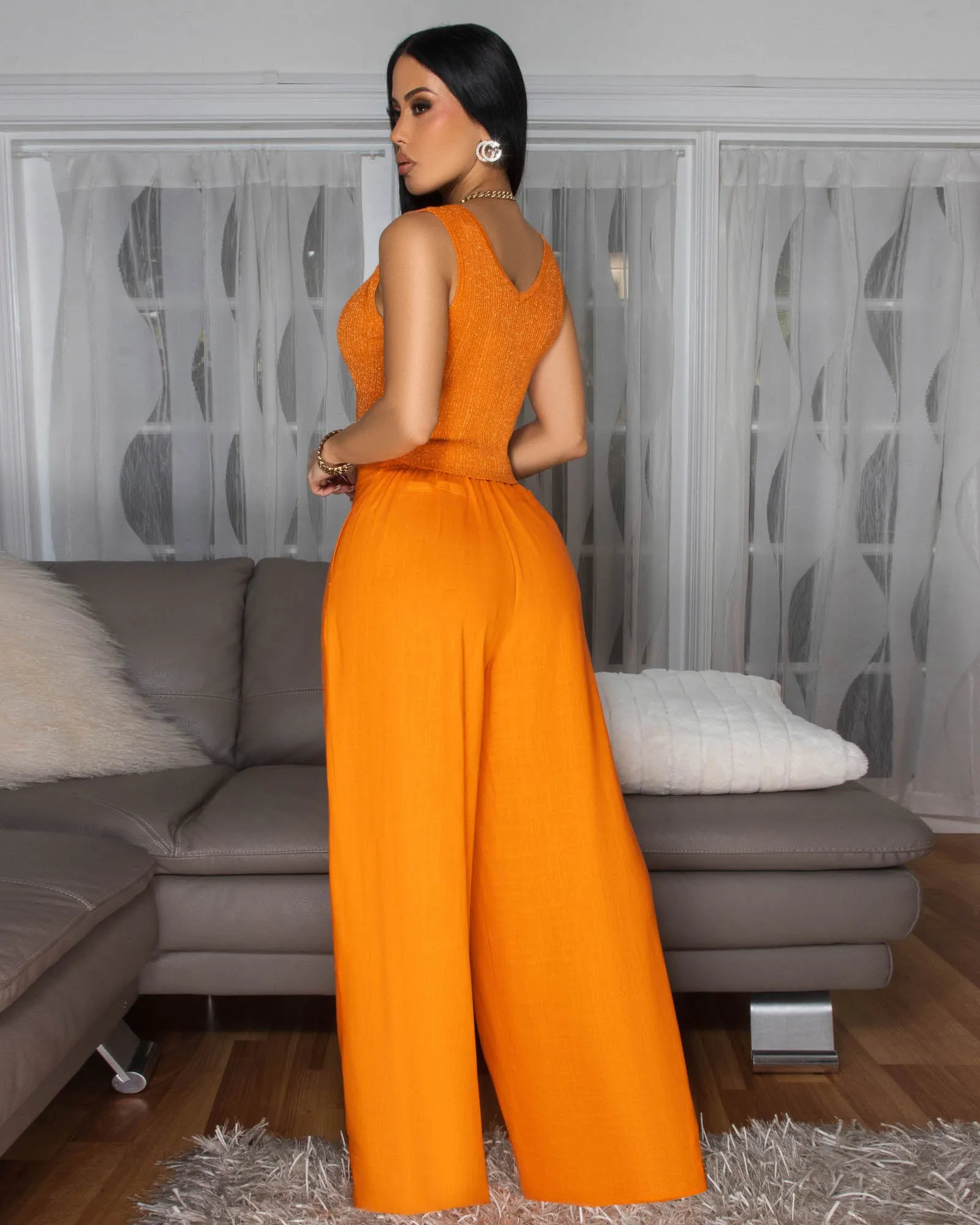 Miraya Tangerine Shimmer Top & Linen Pants Set sold by Chic Couture product image thumbnail 4
