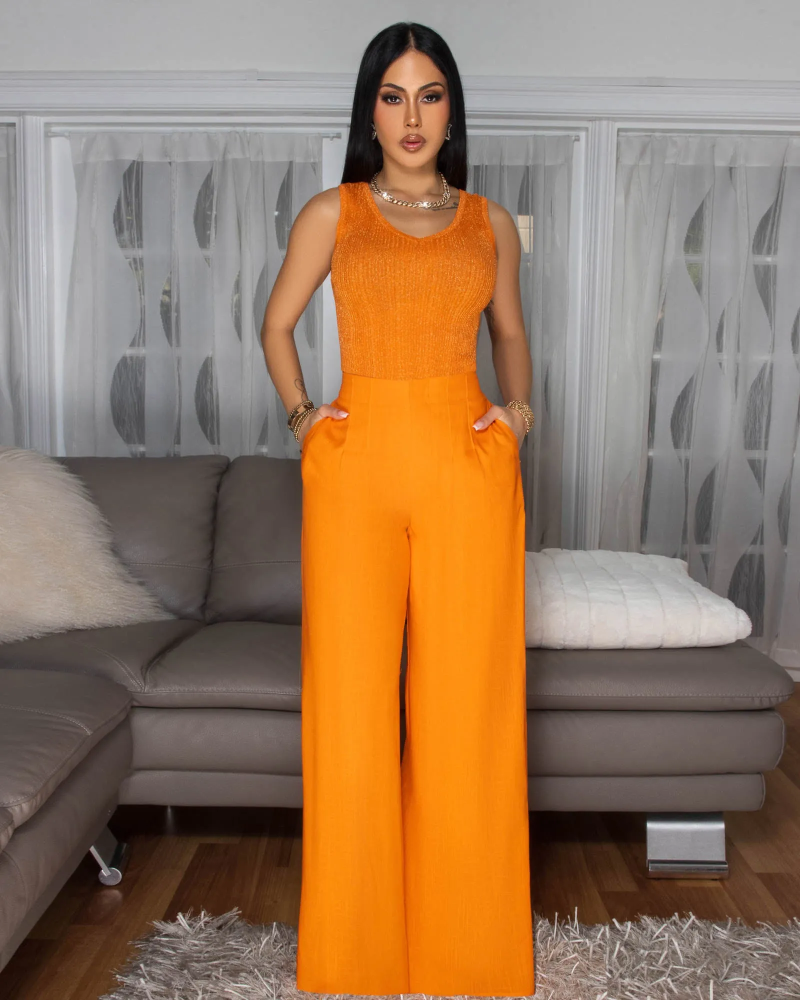Miraya Tangerine Shimmer Top & Linen Pants Set sold by Chic Couture product image thumbnail 3