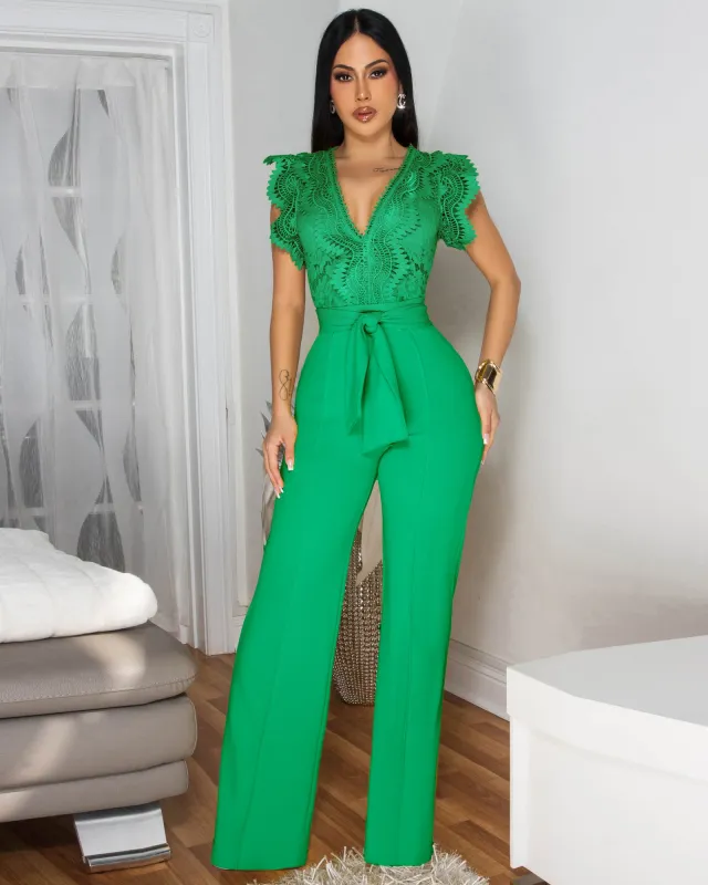 *Ecco Green Crochet Lace See-Through Top Jumpsuit sold by Chic Couture