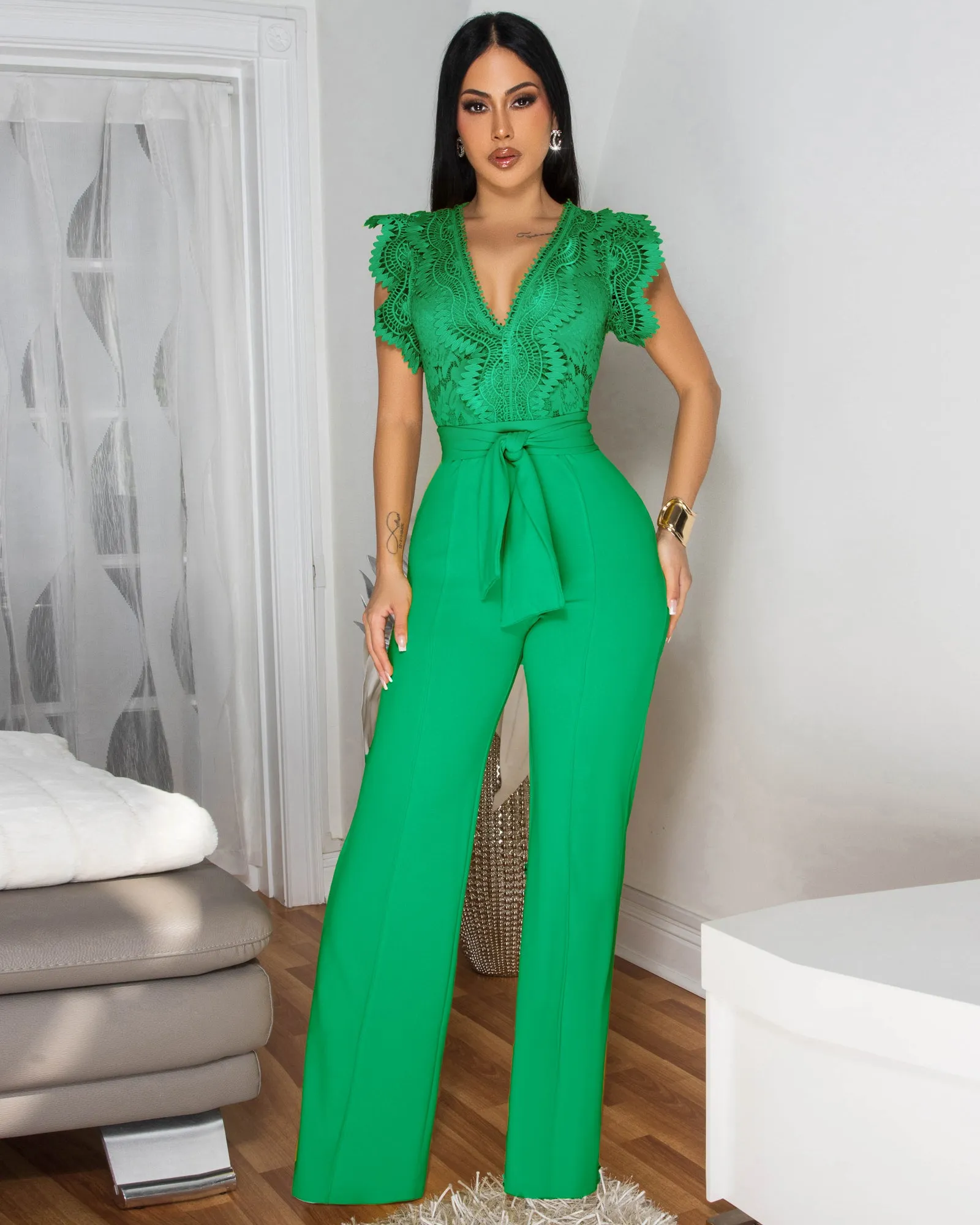 *Ecco Green Crochet Lace See-Through Top Jumpsuit sold by Chic Couture
