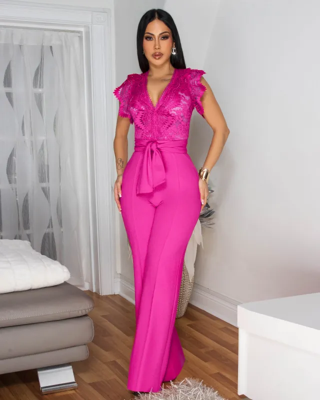 *Ecco Fuchsia Crochet Lace See-Through Top Jumpsuit sold by Chic Couture