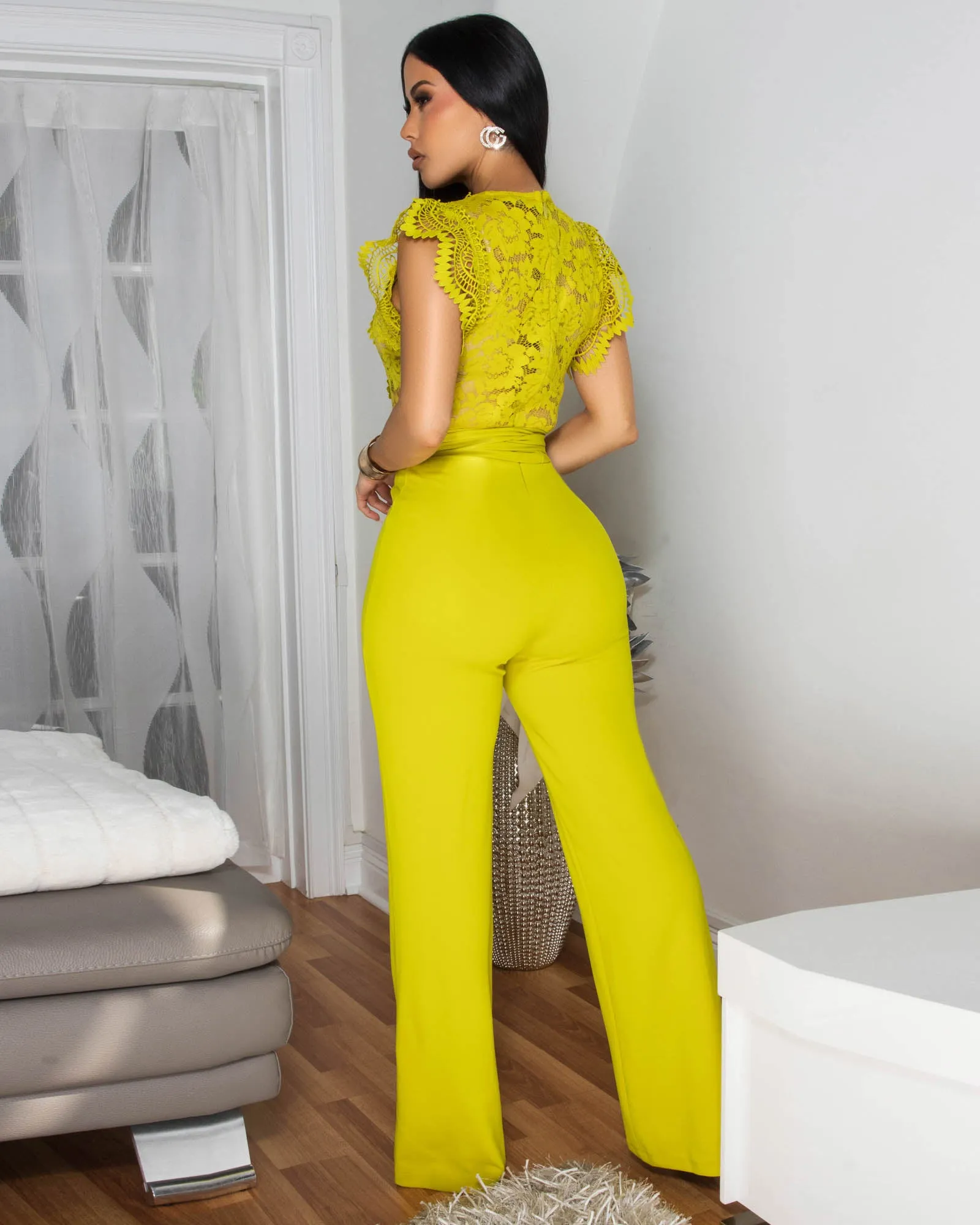 *Ecco Lime Yellow Crochet Lace See-Through Top Jumpsuit sold by Chic Couture product image thumbnail 4
