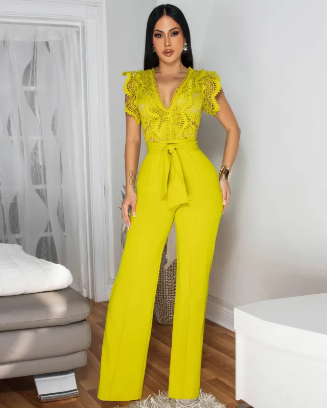 *Ecco Lime Yellow Crochet Lace See-Through Top Jumpsuit sold by Chic Couture