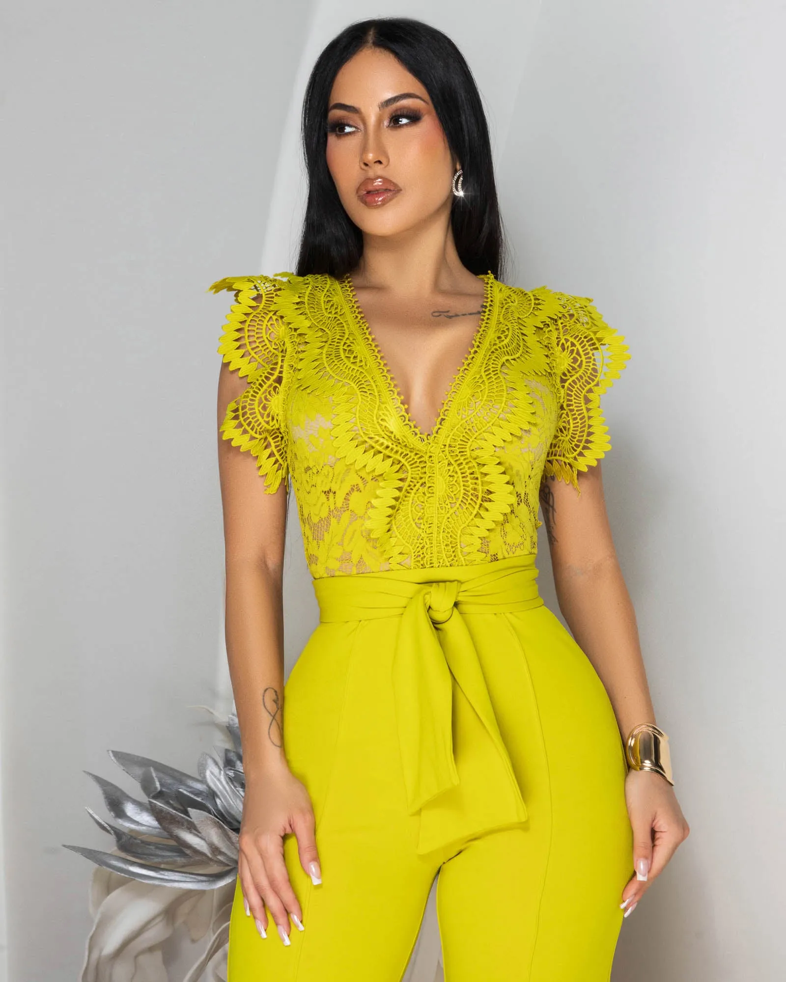 *Ecco Lime Yellow Crochet Lace See-Through Top Jumpsuit sold by Chic Couture product image thumbnail 3