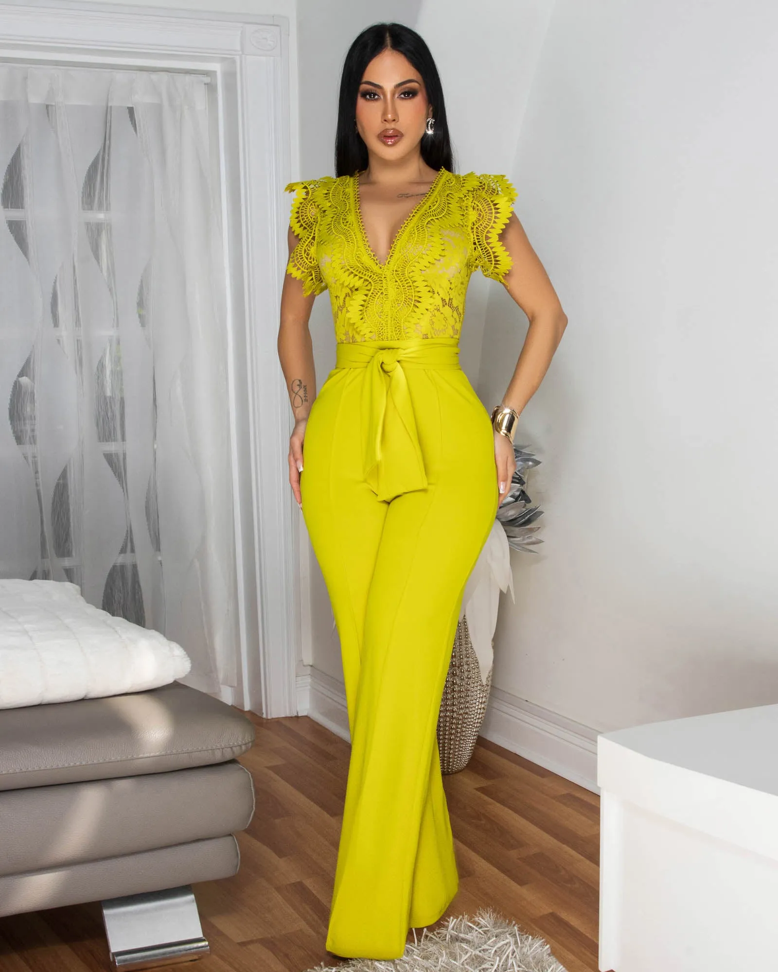 *Ecco Lime Yellow Crochet Lace See-Through Top Jumpsuit sold by Chic Couture product image thumbnail 2