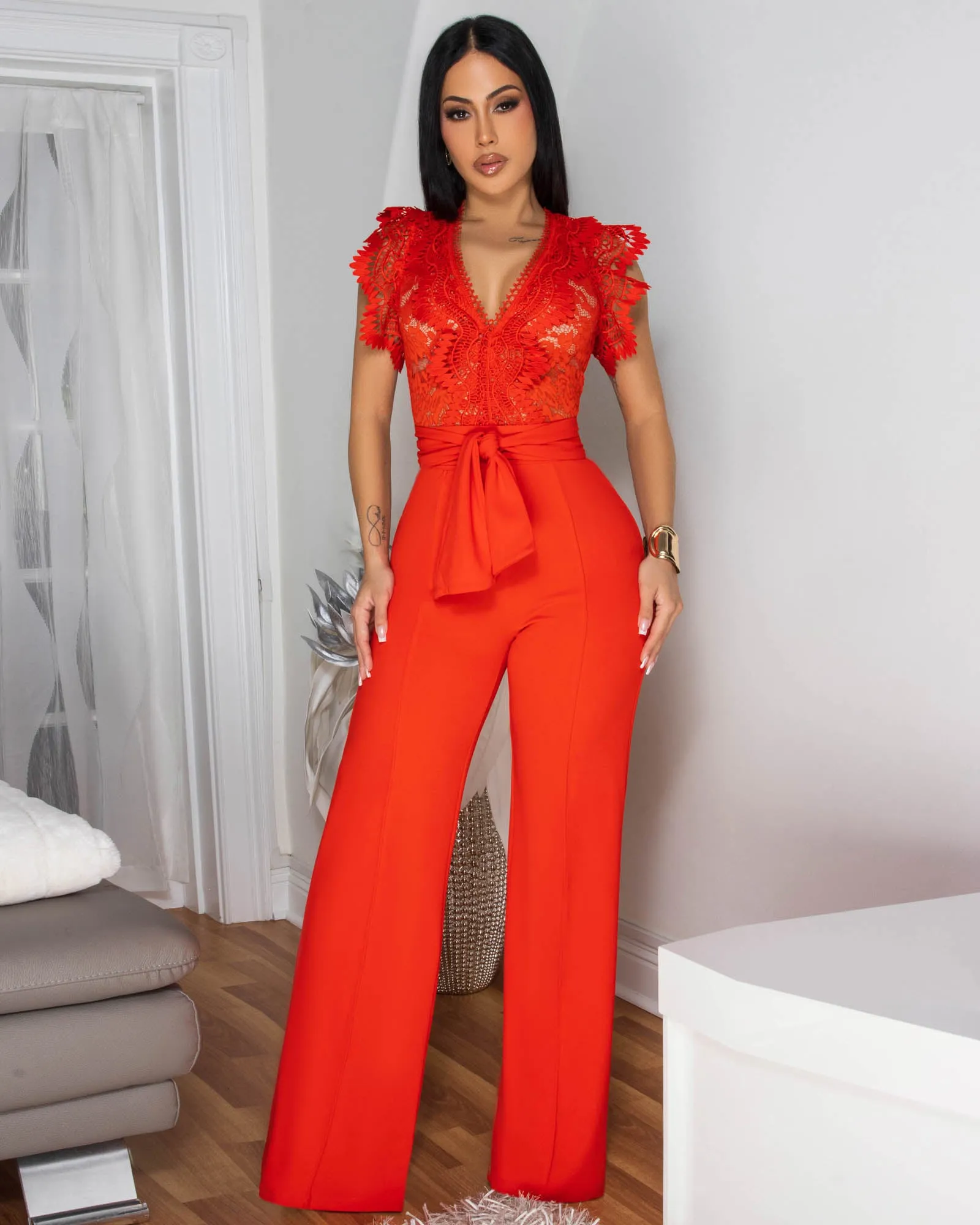 *Ecco Orange Crochet Lace See-Through Top Jumpsuit sold by Chic Couture