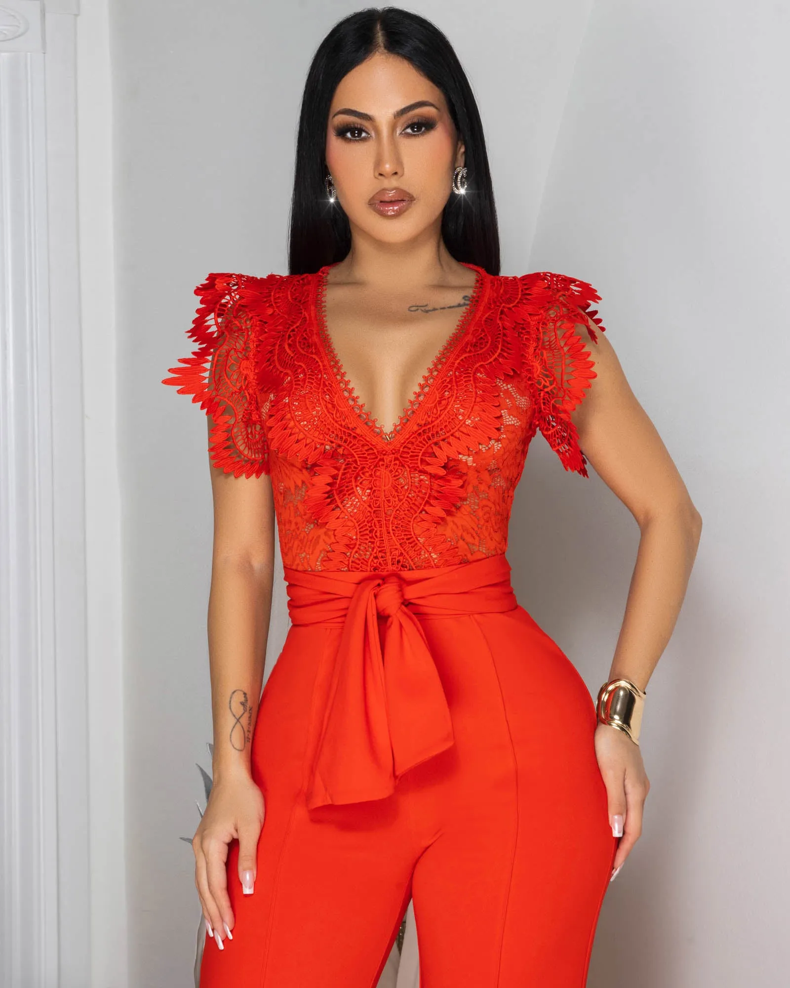 *Ecco Orange Crochet Lace See-Through Top Jumpsuit sold by Chic Couture product image thumbnail 4