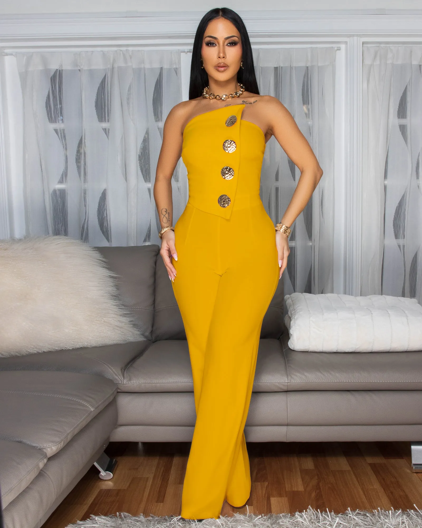 Amiri Yellow Mustard Gold Accent Button Strapless Jumpsuit sold by Chic Couture product image thumbnail 2