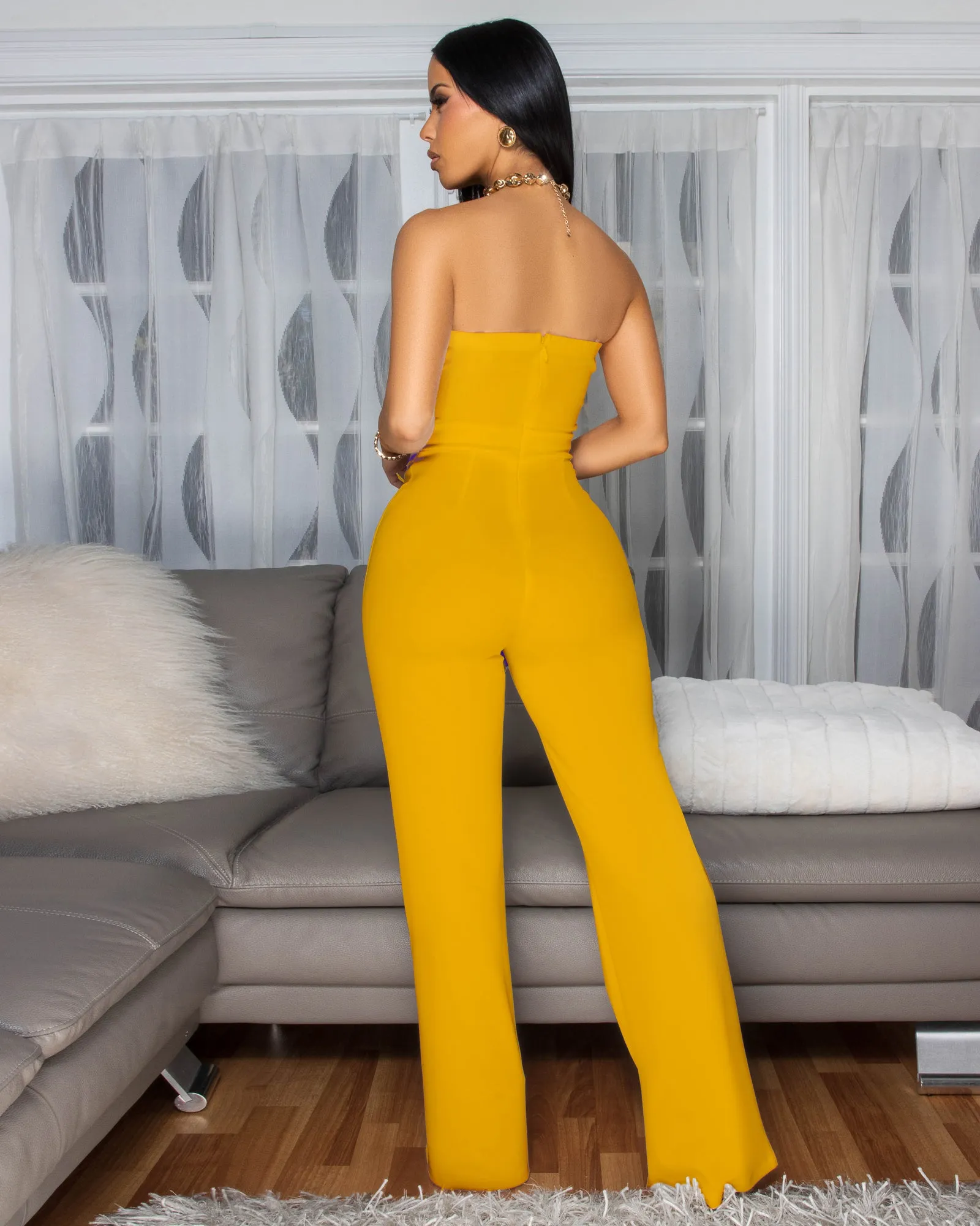 Amiri Yellow Mustard Gold Accent Button Strapless Jumpsuit sold by Chic Couture product image thumbnail 3
