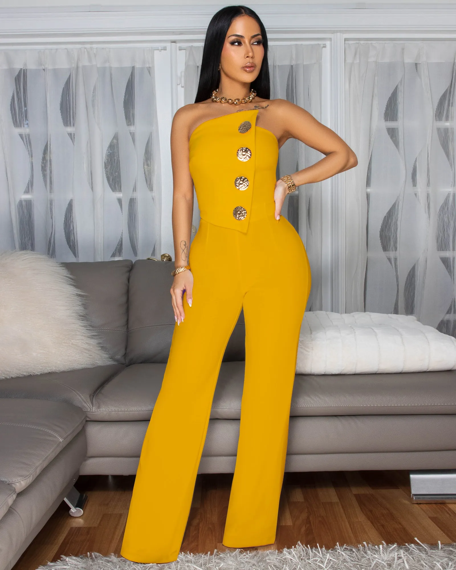 Amiri Yellow Mustard Gold Accent Button Strapless Jumpsuit sold by Chic Couture