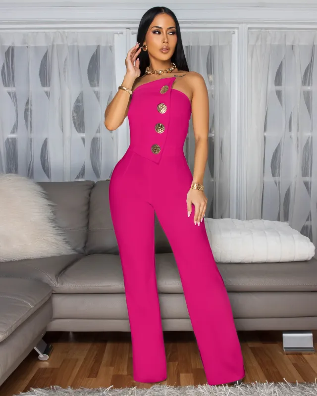 Amiri Fuchsia Gold Accent Button Strapless Jumpsuit sold by Chic Couture