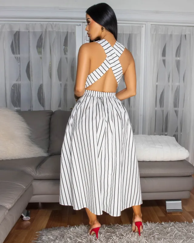 Mohare Black White Stripes CrissCross Back Dress (SHIPS 4/15) sold by Chic Couture