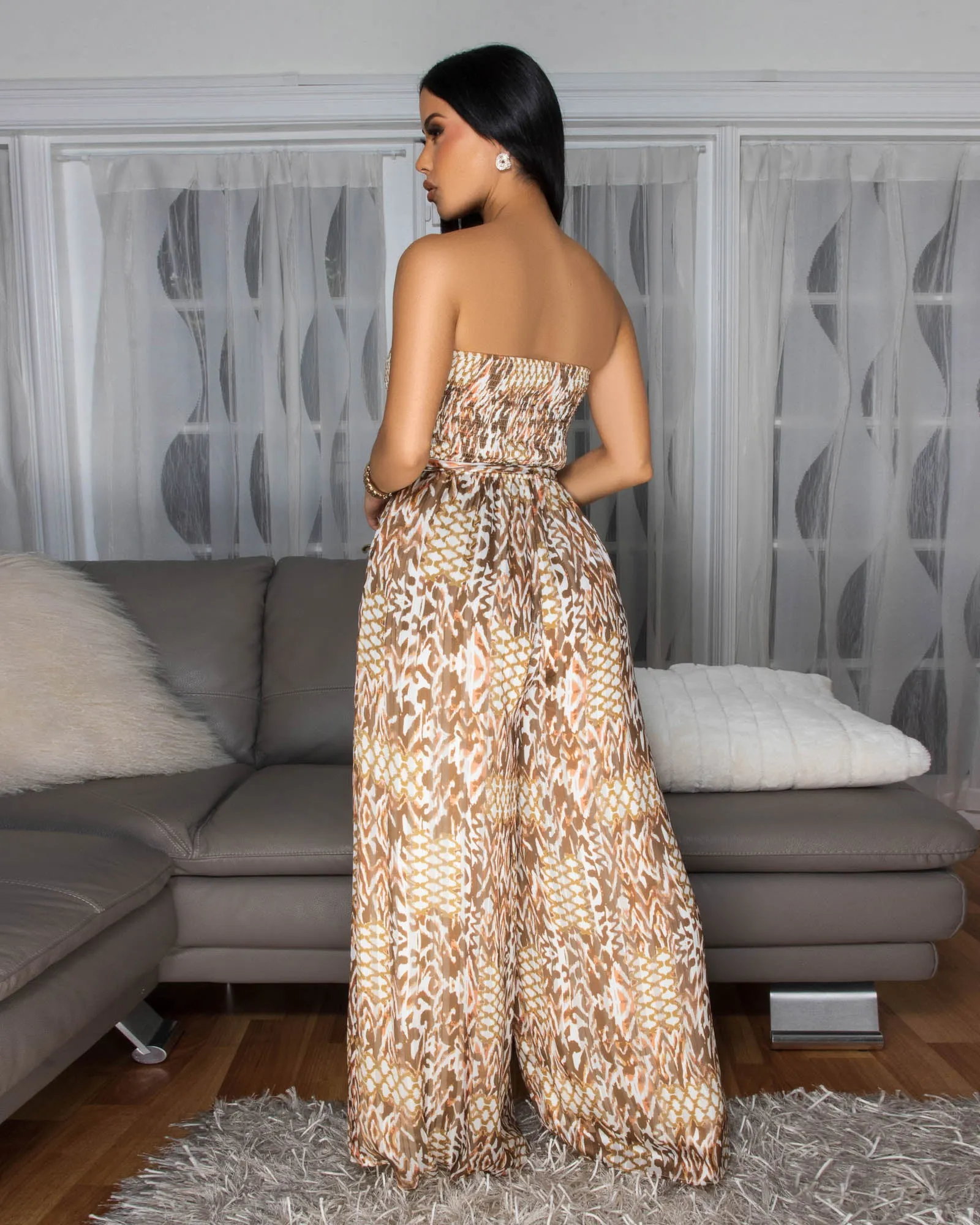Isabeau Brown Multi-Color Print Strapless Jumpsuit sold by Chic Couture product image thumbnail 4