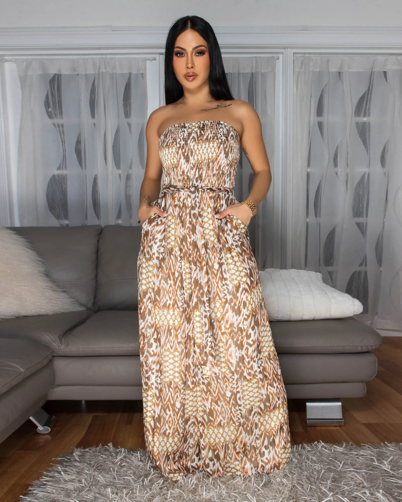 Isabeau Brown Multi-Color Print Strapless Jumpsuit sold by Chic Couture product image thumbnail 2