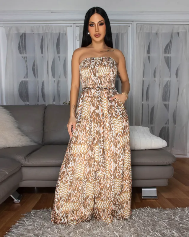Isabeau Brown Multi-Color Print Strapless Jumpsuit sold by Chic Couture