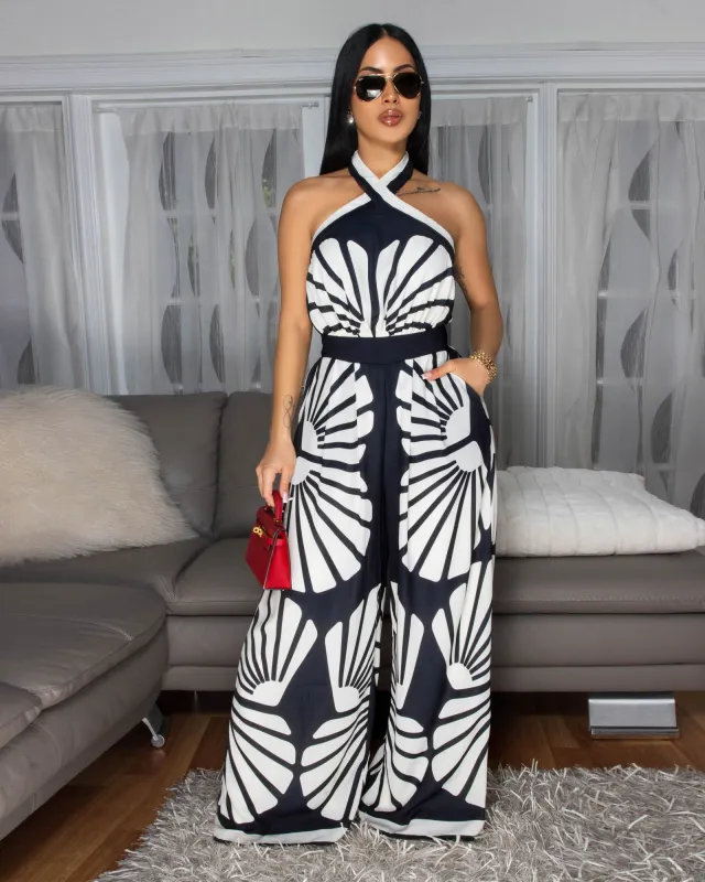 Holland Black Cream Print Halter Jumpsuit sold by Chic Couture