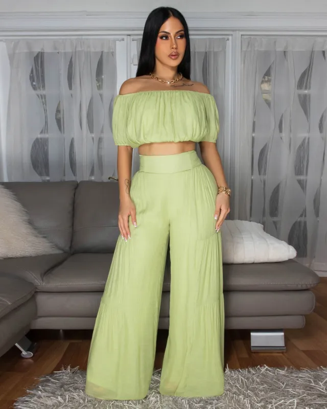 Karlina Sage Green Crop Top & Tiered Pants Set sold by Chic Couture