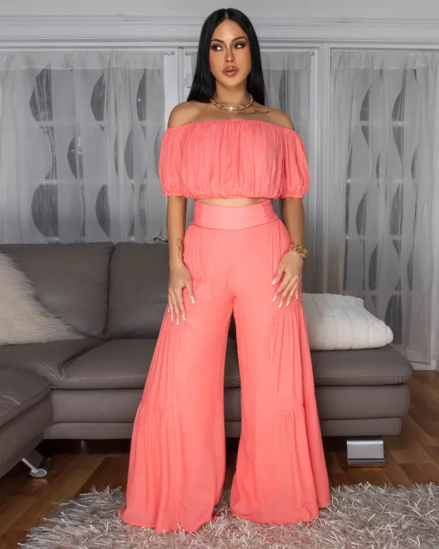 Karlina Coral Crop Top & Tiered Pants Set sold by Chic Couture
