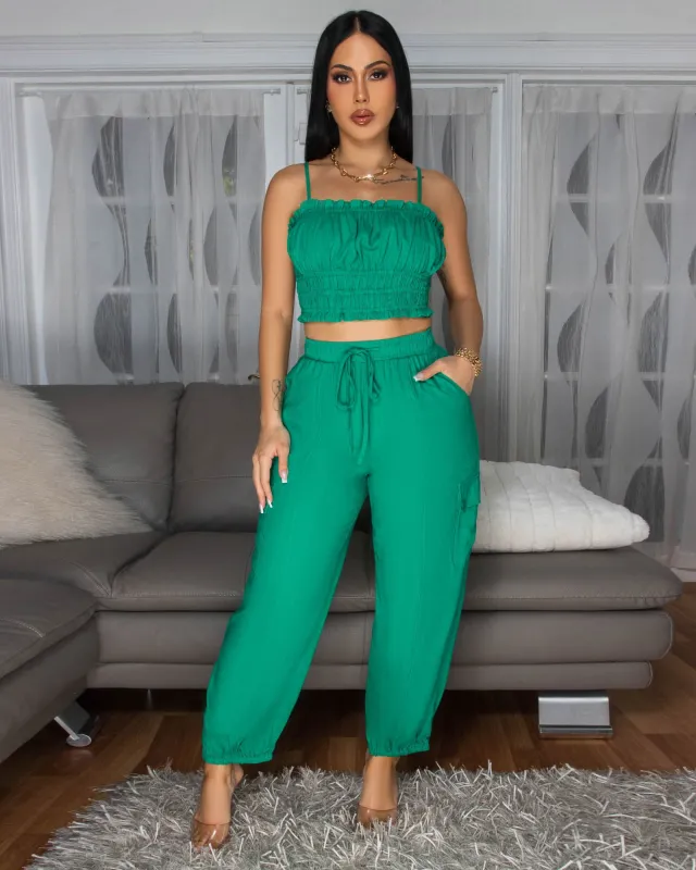Moya Forest Green Crop Top & Jogger Linen Pants Set sold by Chic Couture