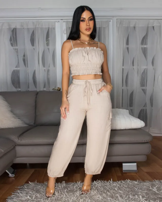 Moya Nude Crop Top & Jogger Linen Pants Set sold by Chic Couture