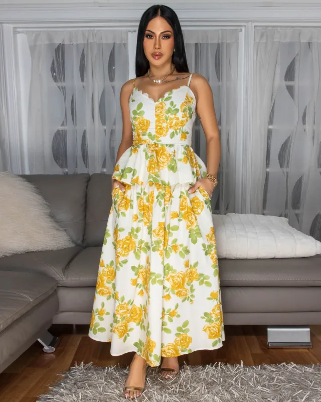 Capriannie Yellow Green Floral Print Skirt Set sold by Chic Couture