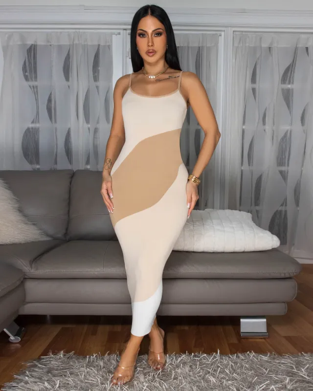 Arlena Nude Toffee Color-Black Maxi Dress sold by Chic Couture