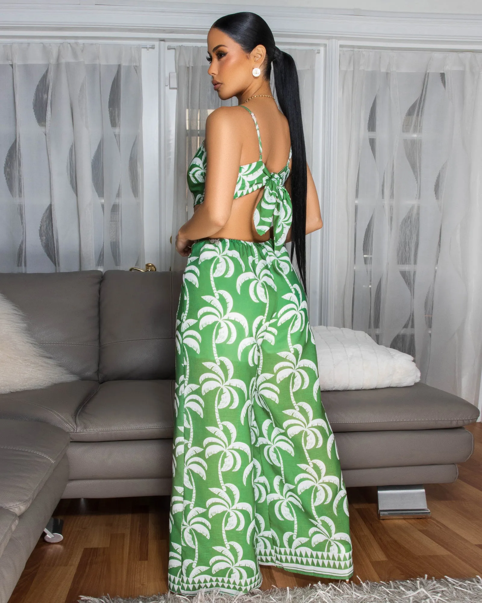 Zoya Sage Green White Print Cut-Out Front Jumpsuit sold by Chic Couture product image thumbnail 3